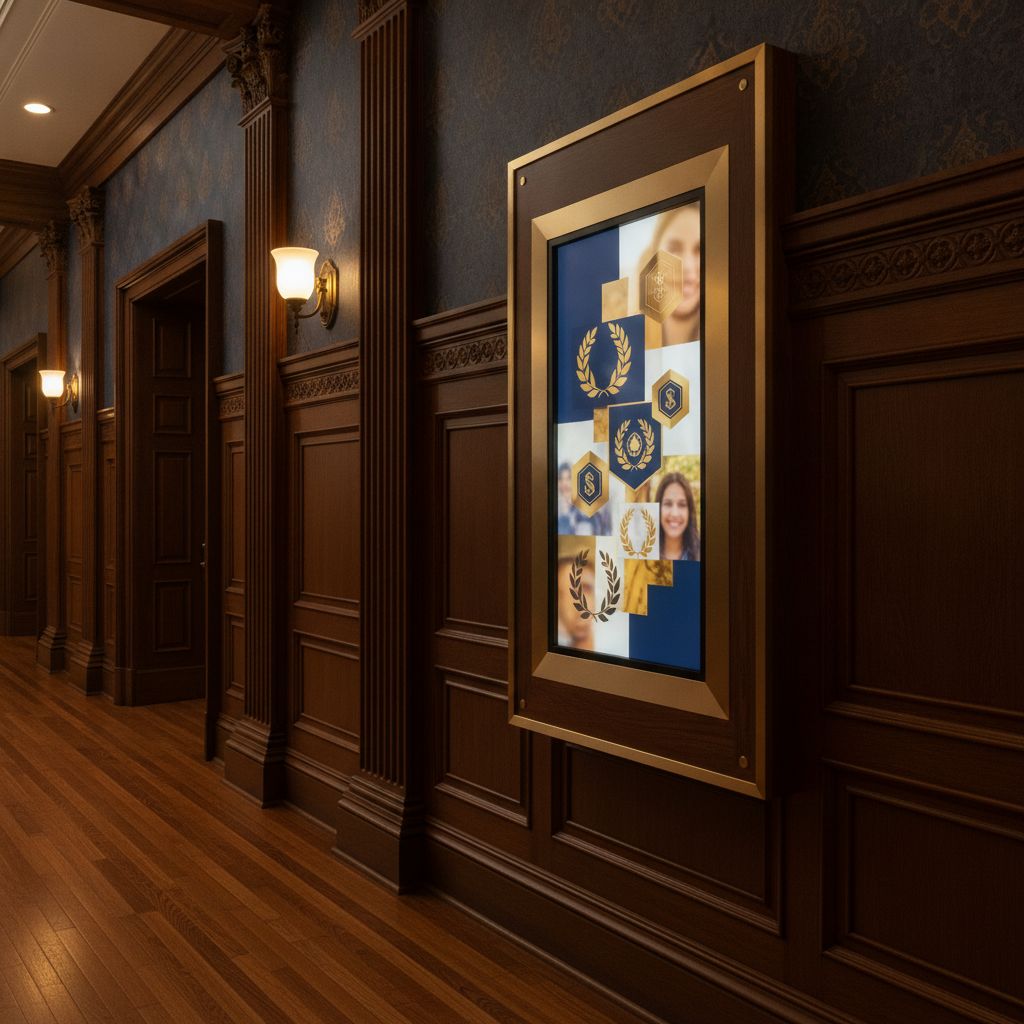 An elegant touchscreen digital hall-of-fame kiosk mounted in a school hallway